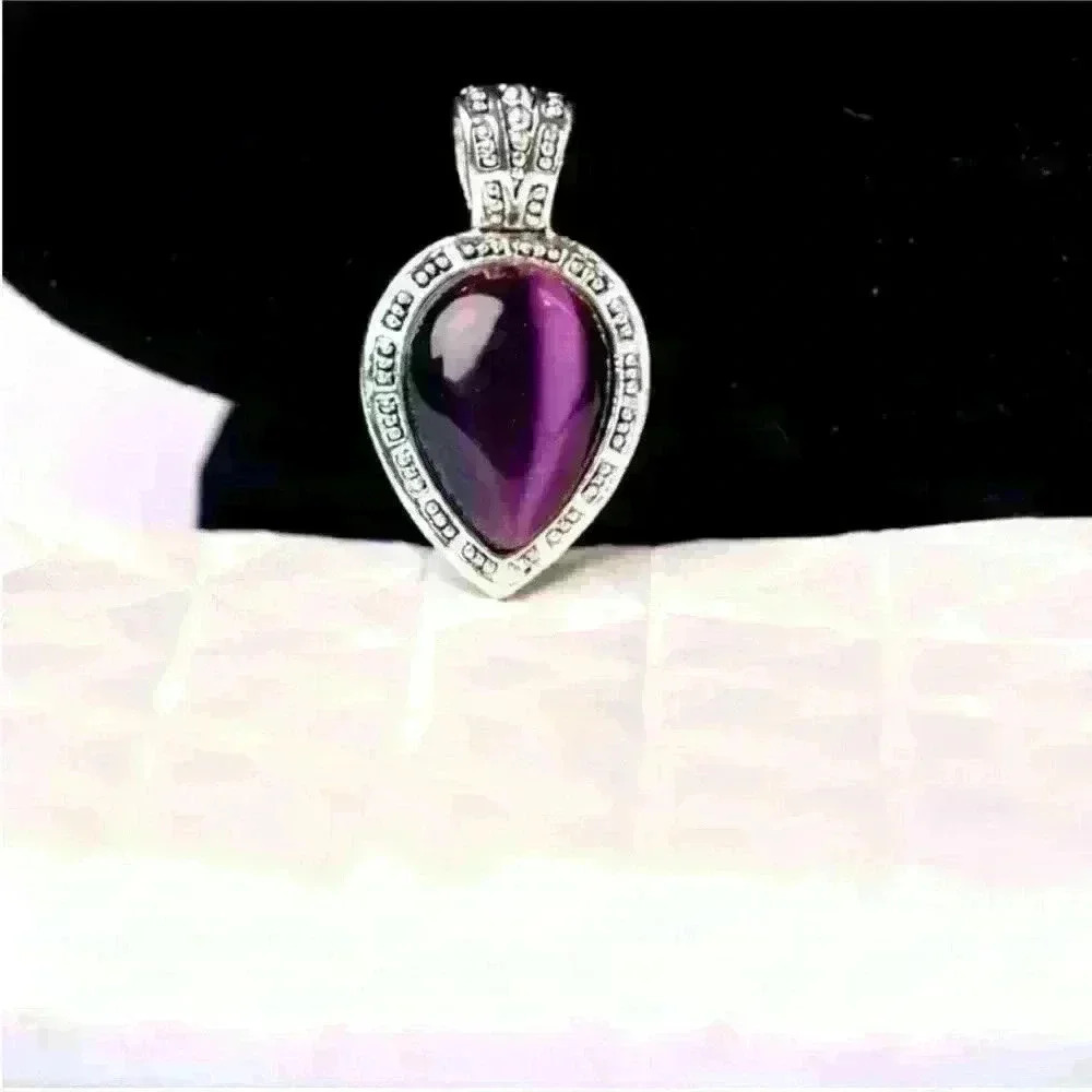 Purple Teardrop Stone Boho Pendant Silver Tone -Amethyst Style